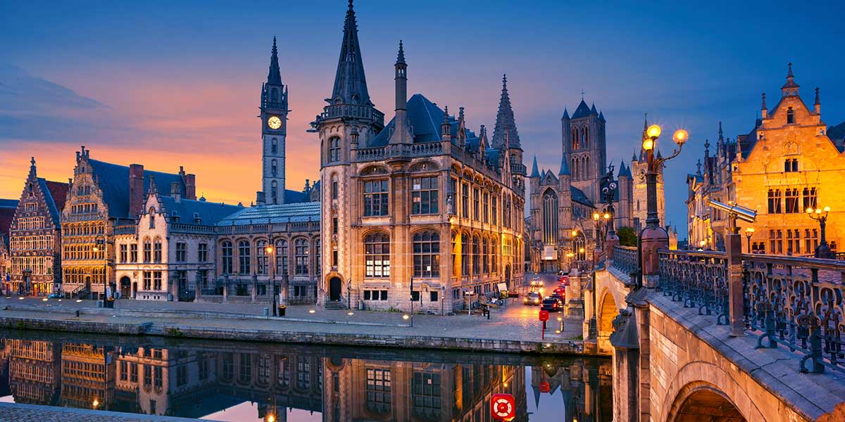 Ghent city view at night Ghent-Belgium